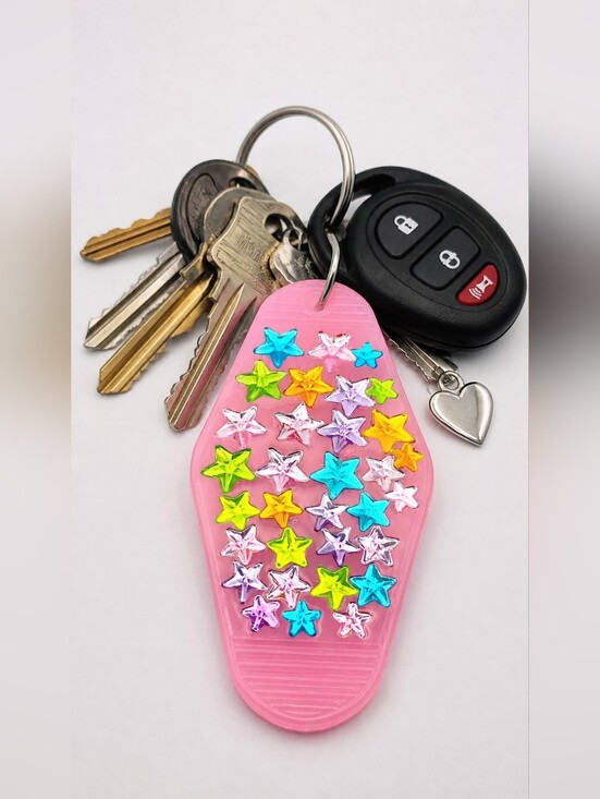 Handmade Accessories - Motel Keychain Custom Retro Styled Pink Multicolored Stars Gemstone Keychain